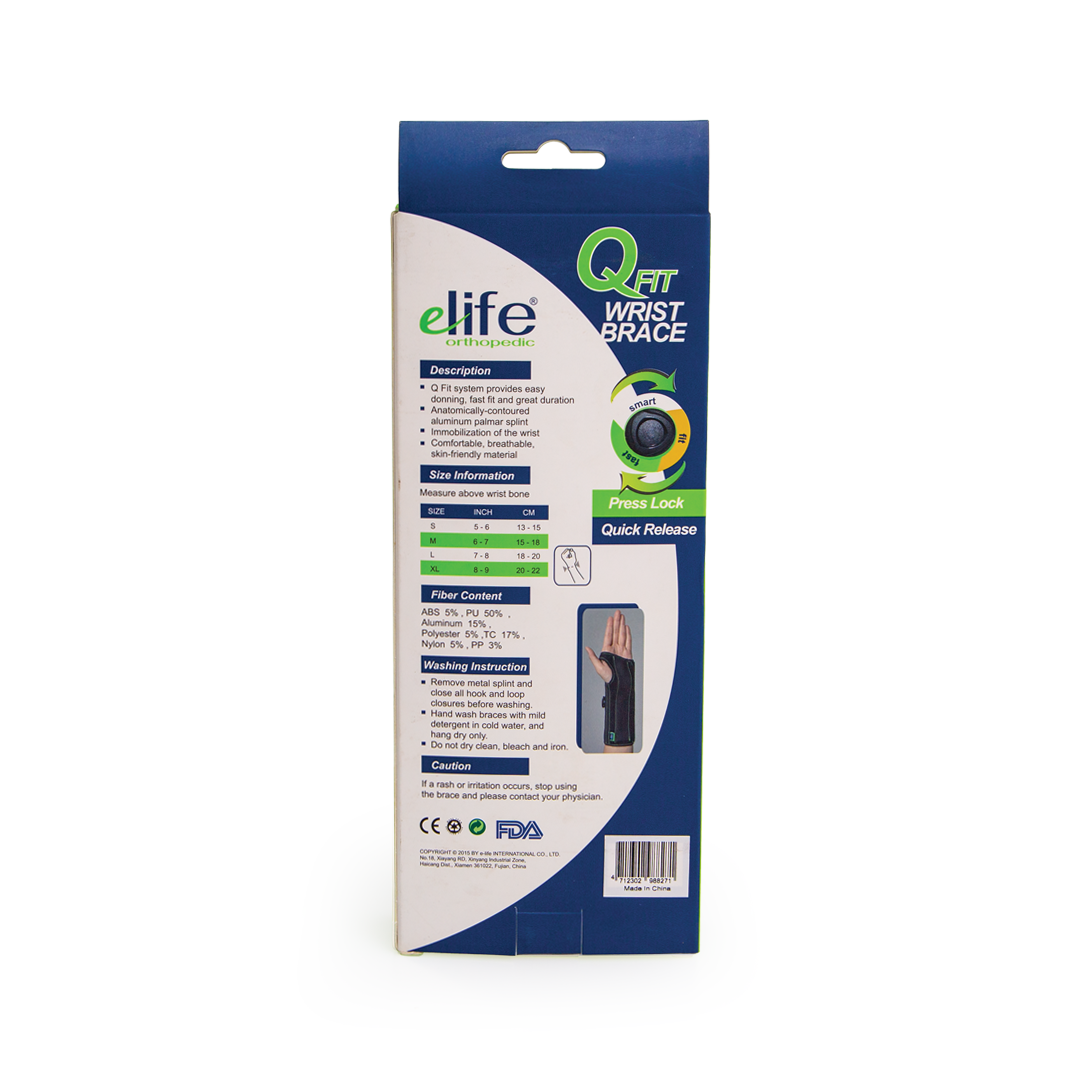 QFT Wrist Brace packaging with branding and product details on a white background