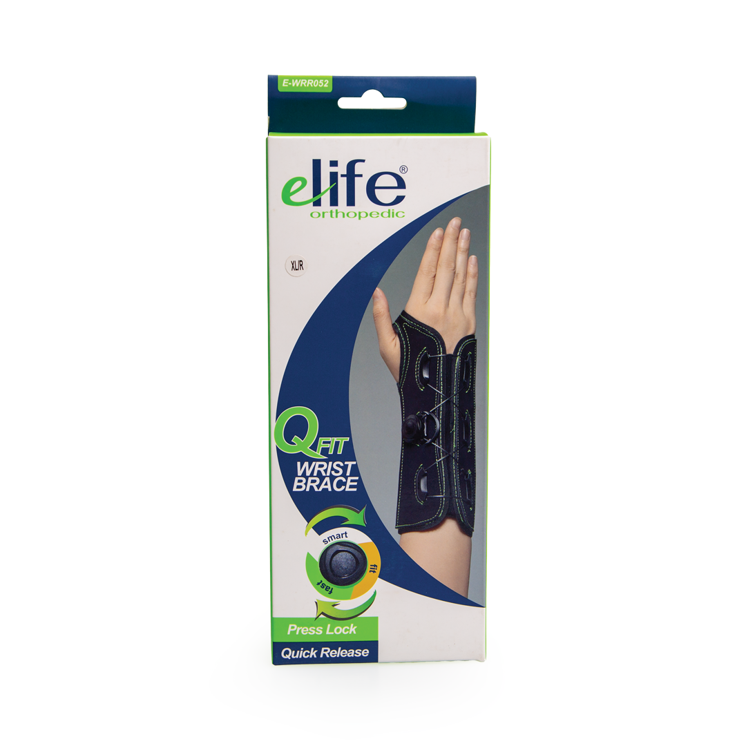 Q Fit Wrist Brace packaging with Elife orthopedic&#39; branding on a white background