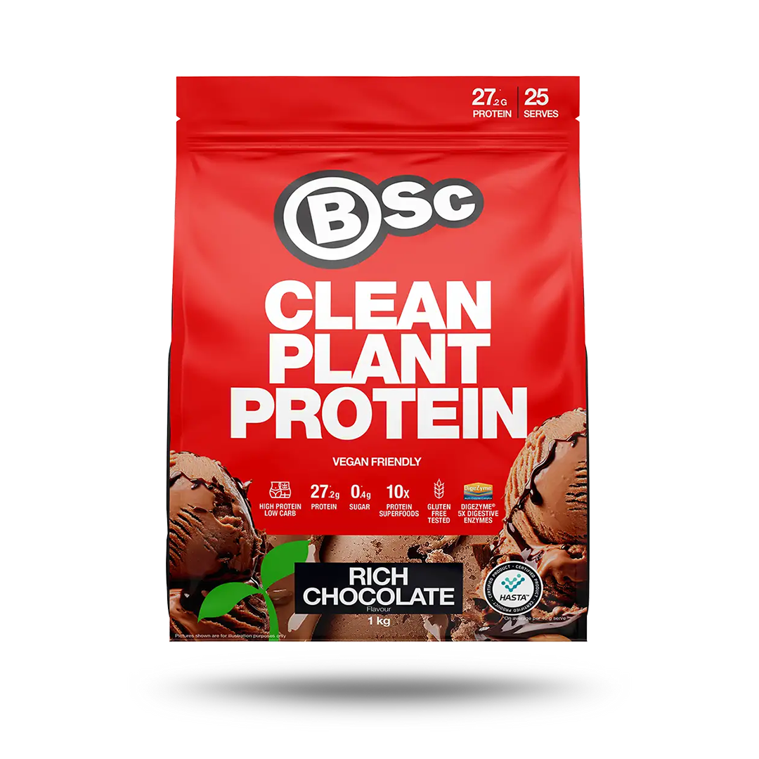 BSc Clean Plant Protein package with rich chocolate flavor on a white background