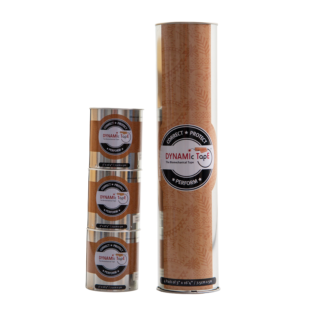 Three rolls of Dynamic Tape stacked with a large roll on the side on a white background.