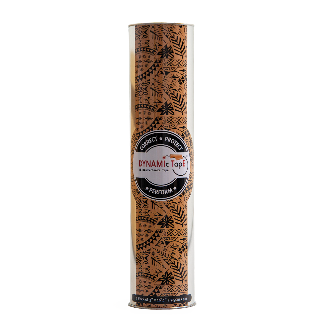 Cylindrical container with decorative patterns and &#39;Dynamic Tape&#39; branding on a white background