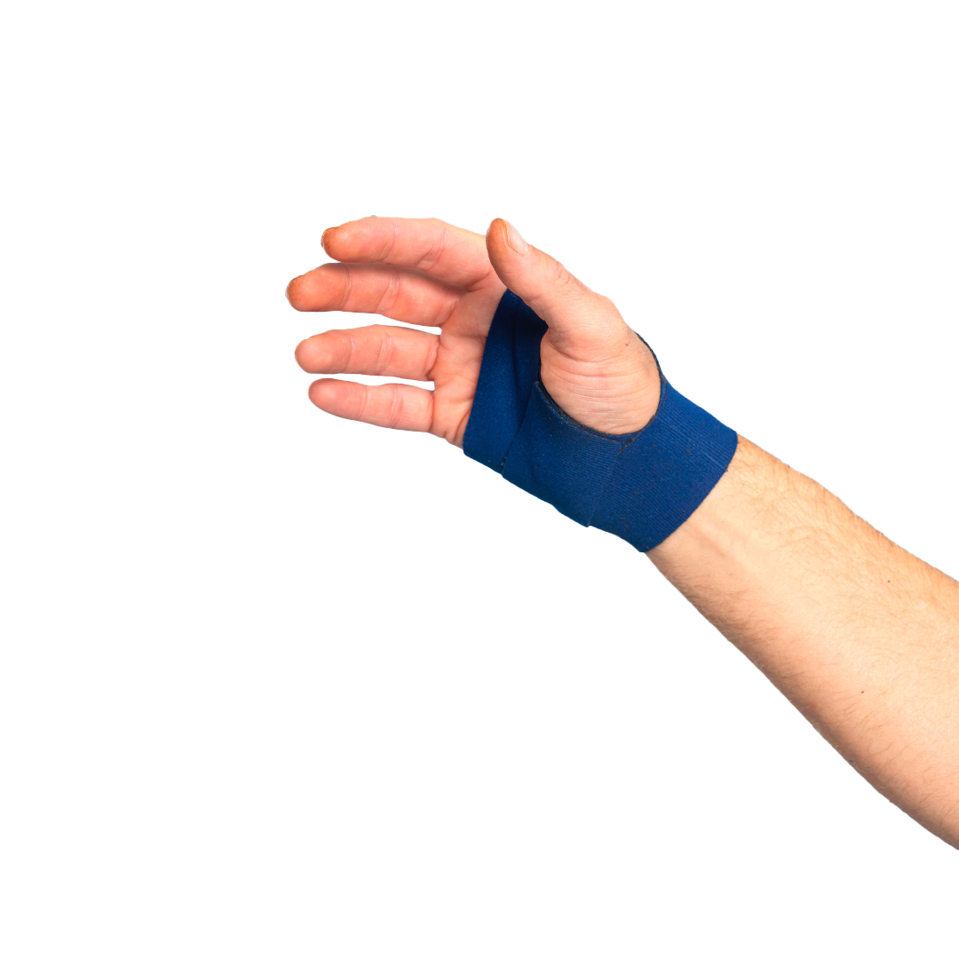Hand with blue wrist support on a white background