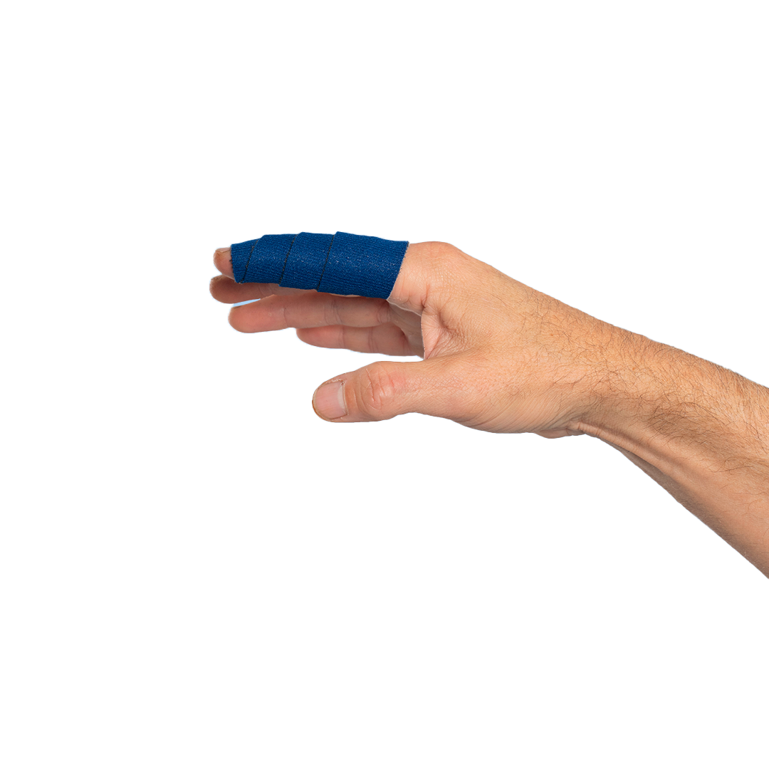 Hand with a blue bandage on a white background