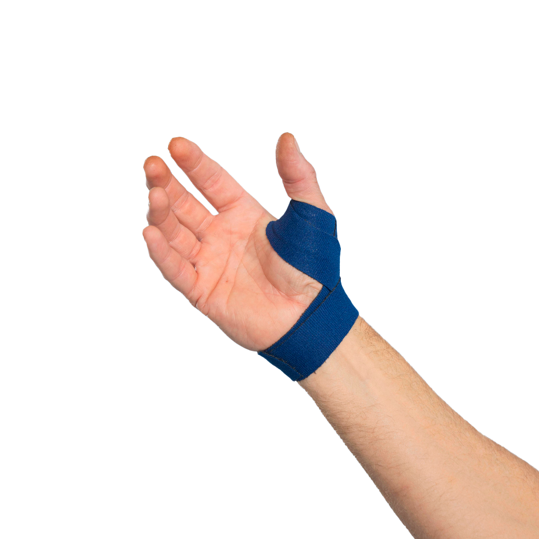 Hand with blue wrist support on a white background