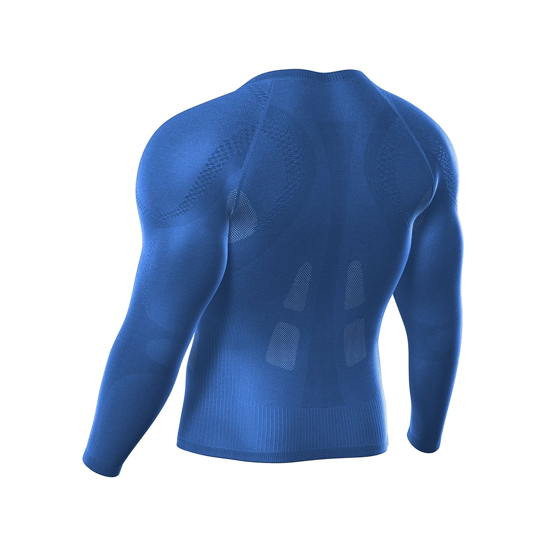 Blue long-sleeve compression shirt on a white background