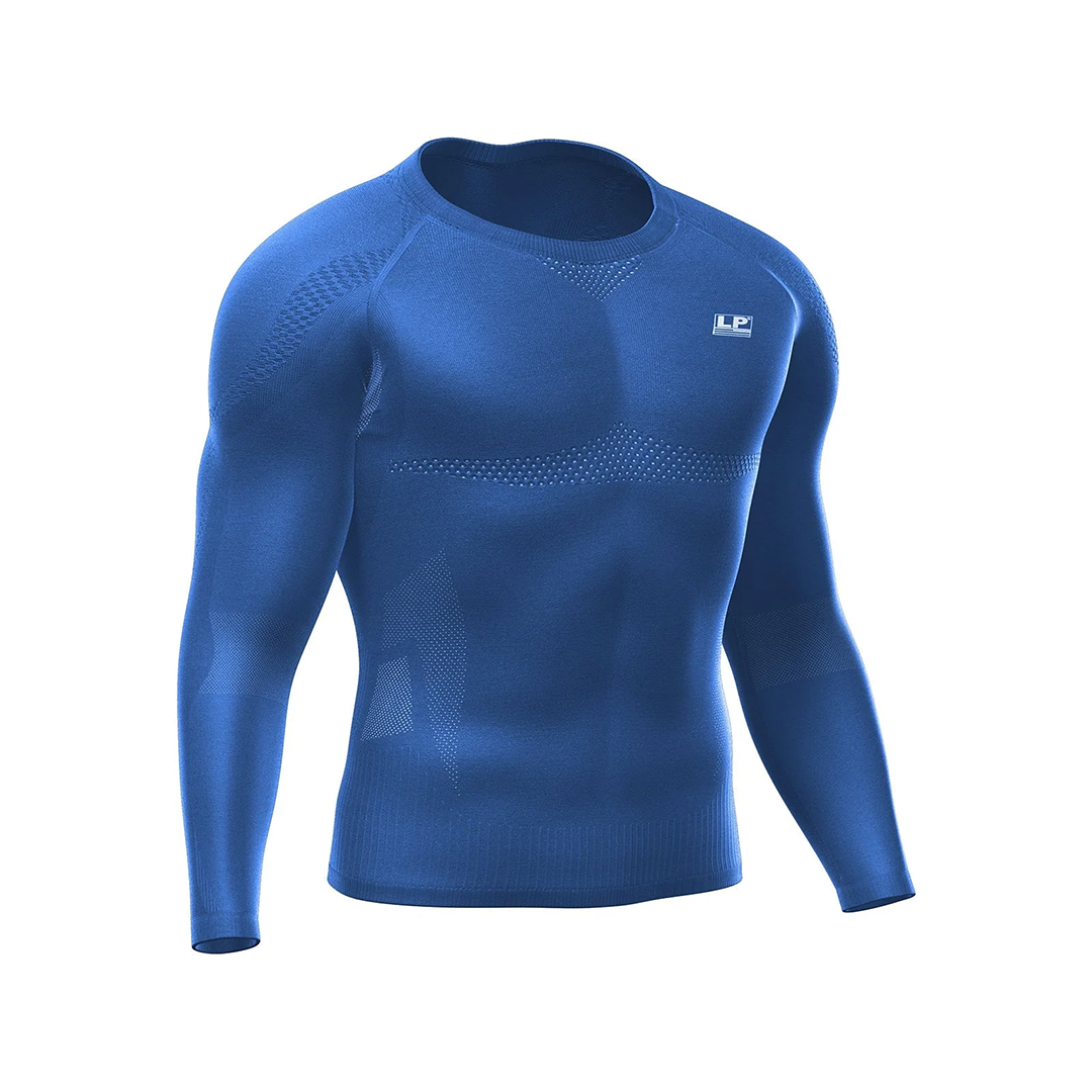 Blue long-sleeve compression shirt with a brand logo on a white background