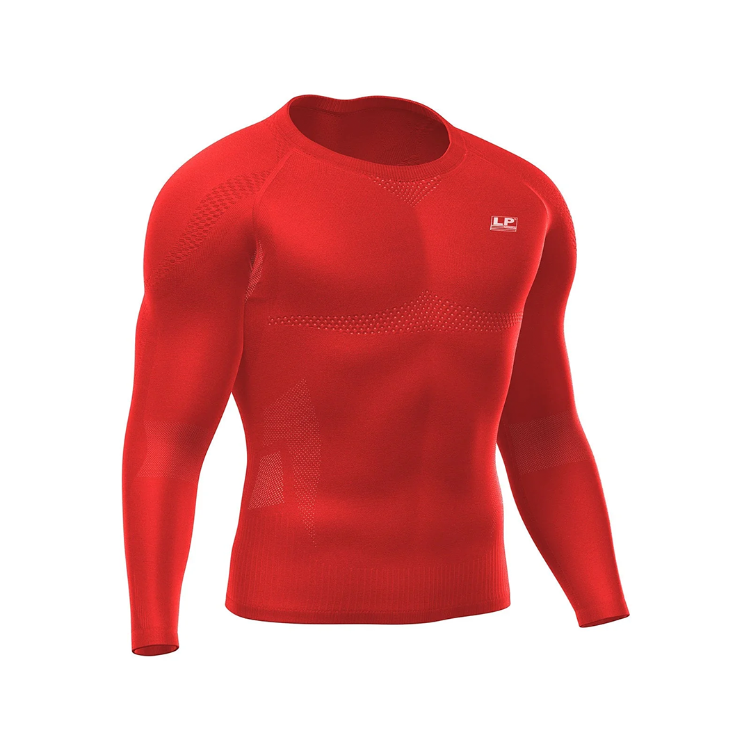 Red long-sleeve compression shirt with a brand logo on a white background