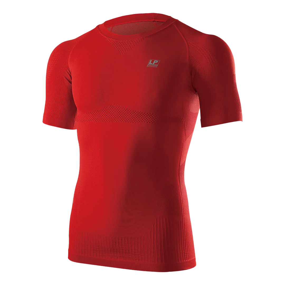 Red compression shirt with a brand logo on a white background