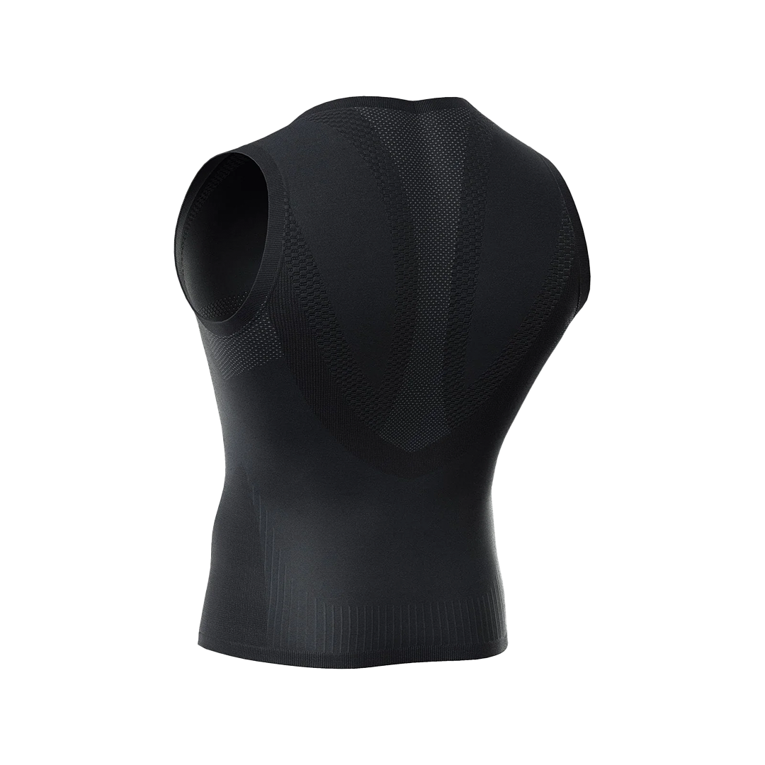 Black sleeveless compression shirt on a white background