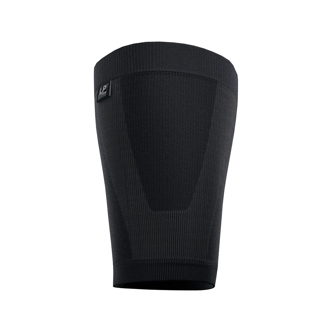 Black compression sleeve with a brand logo on a white background