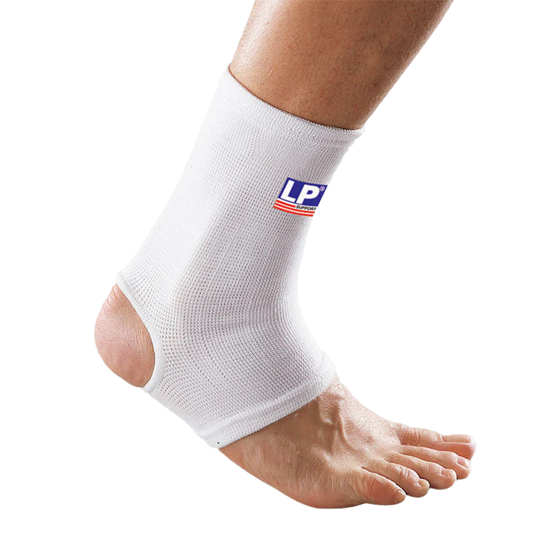 White ankle support brace on a person&#39;s foot with LP brand logo.
