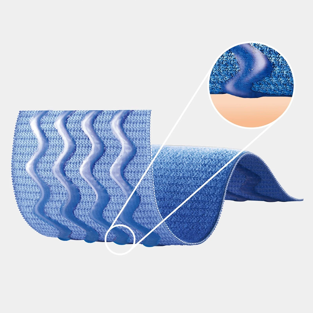 Blue textured fabric with close-up of texture on a light gray background