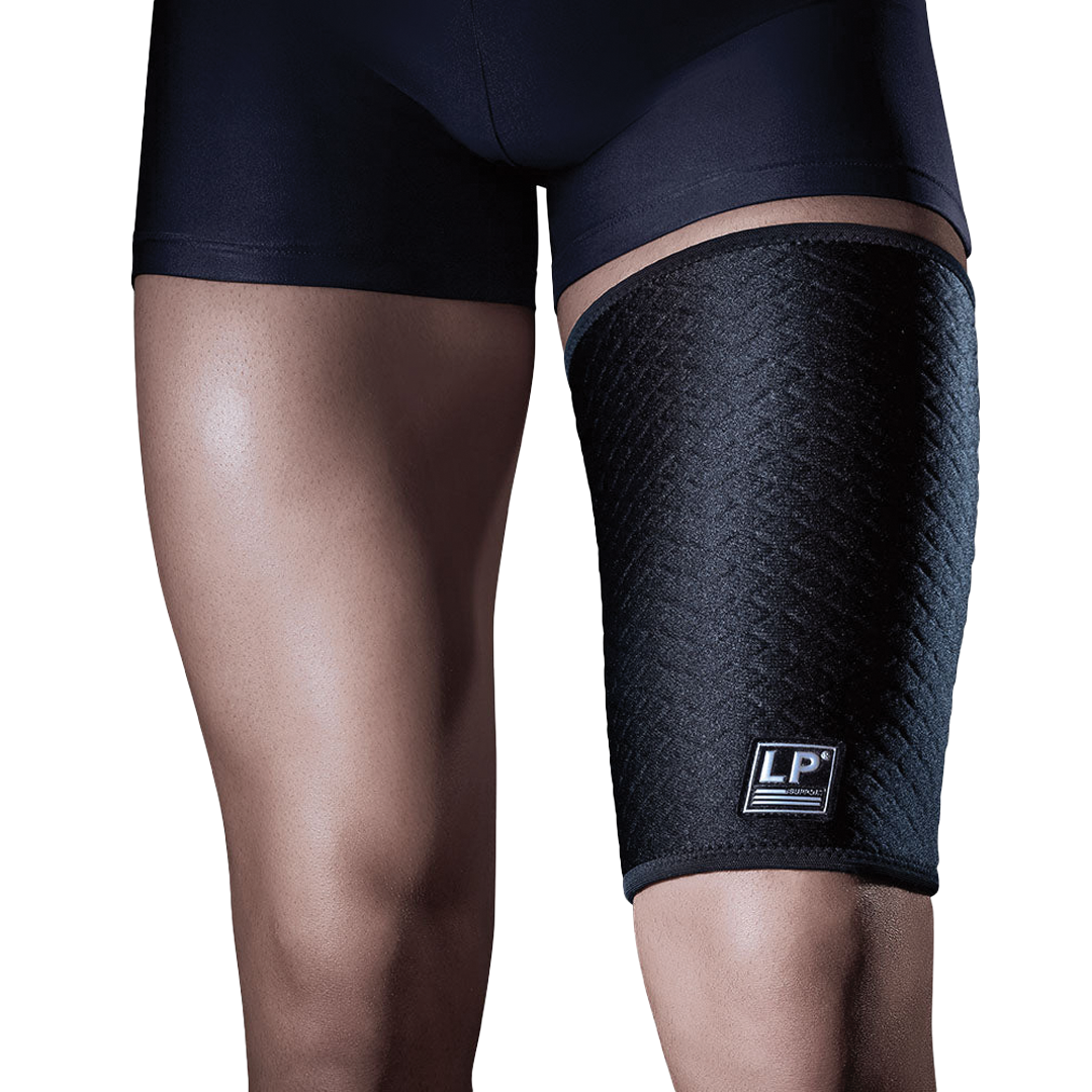 Black knee brace on a person's leg with a visible brand logo against a white background