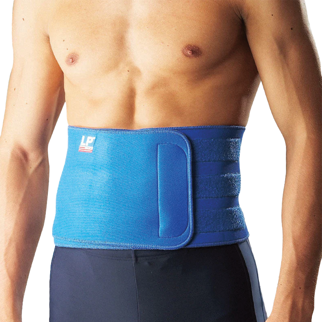 Blue waist support brace worn by a person on a white background