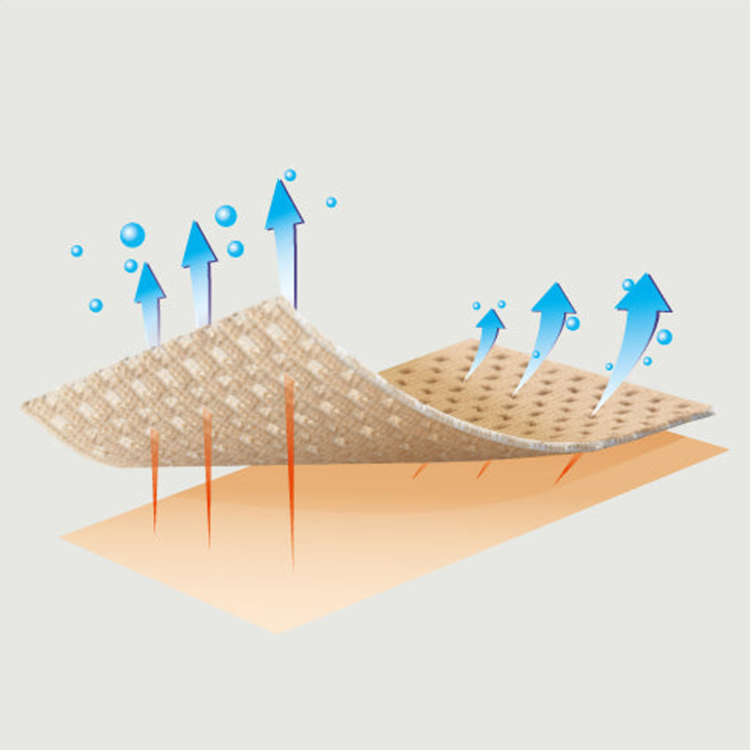 Illustration of a textured surface with blue arrows and bubbles indicating water movement.