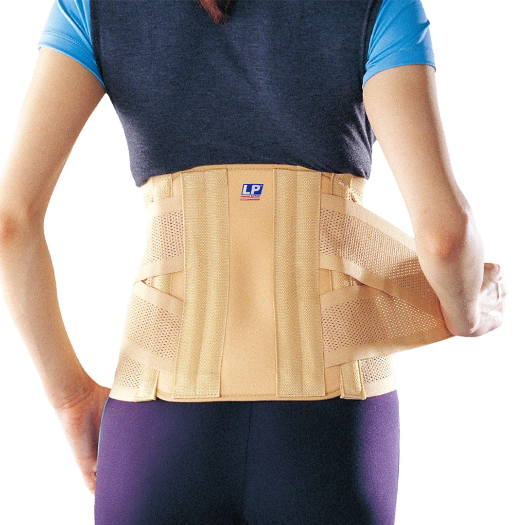 Person wearing a beige LP back support belt on a white background