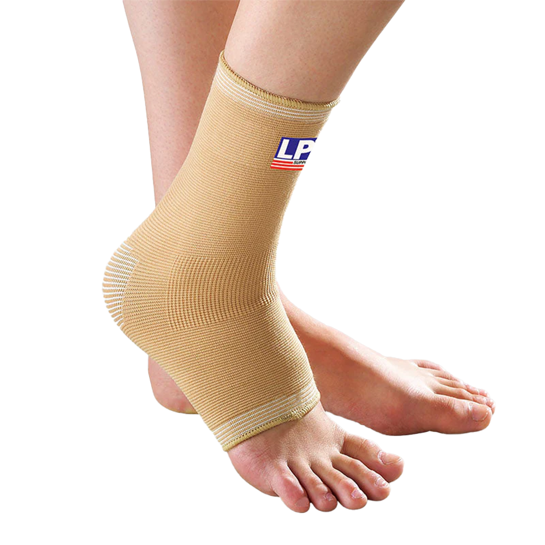 Beige ankle support brace on a foot with LP brand logo, on a white background