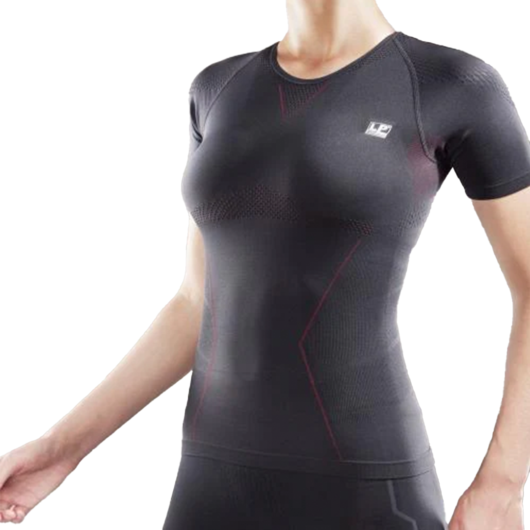 Black compression shirt with a logo on a white background