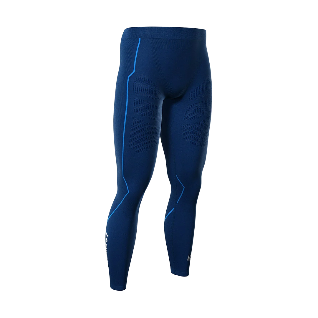 Blue athletic leggings with accents on a white background