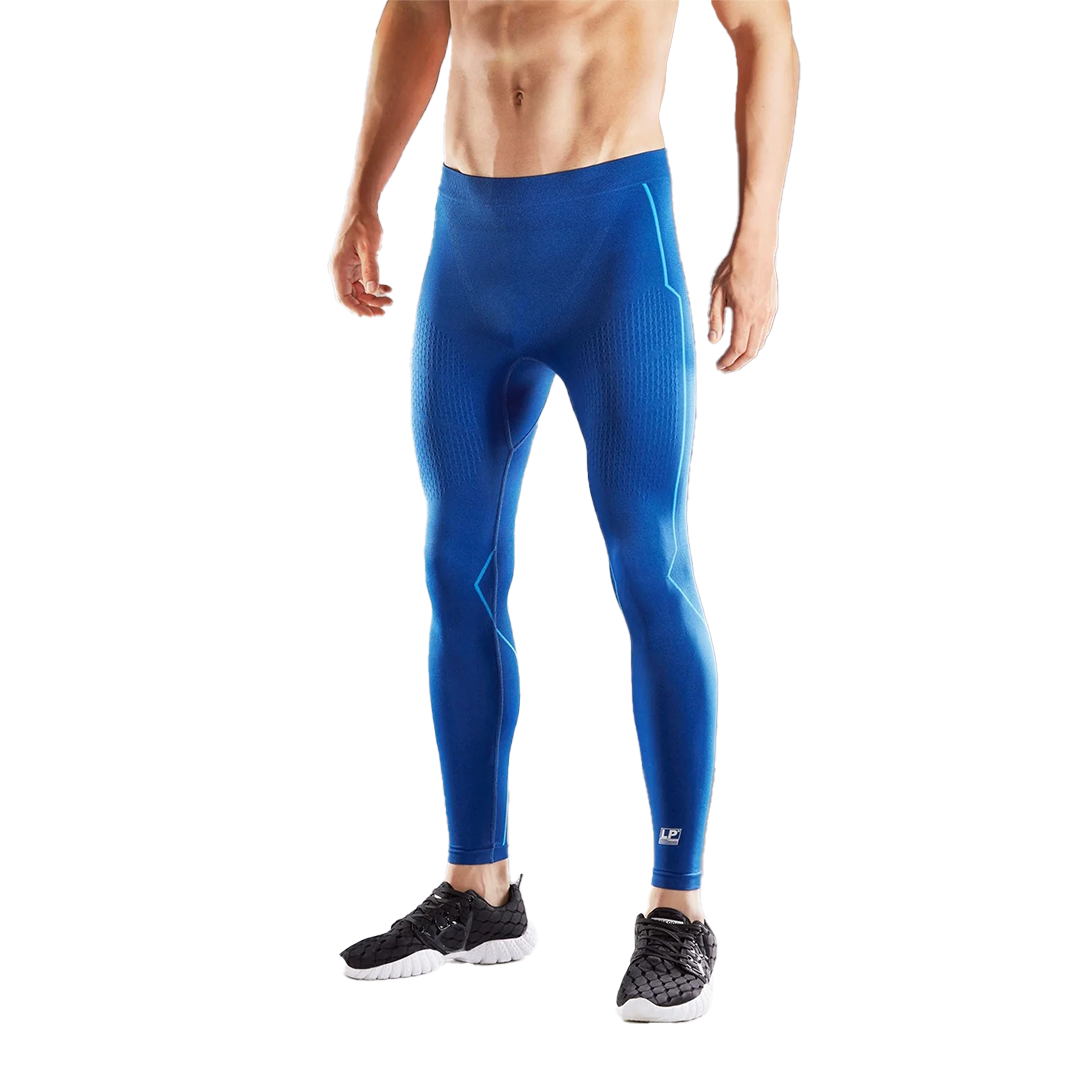 Blue compression leggings worn by a person on a white background