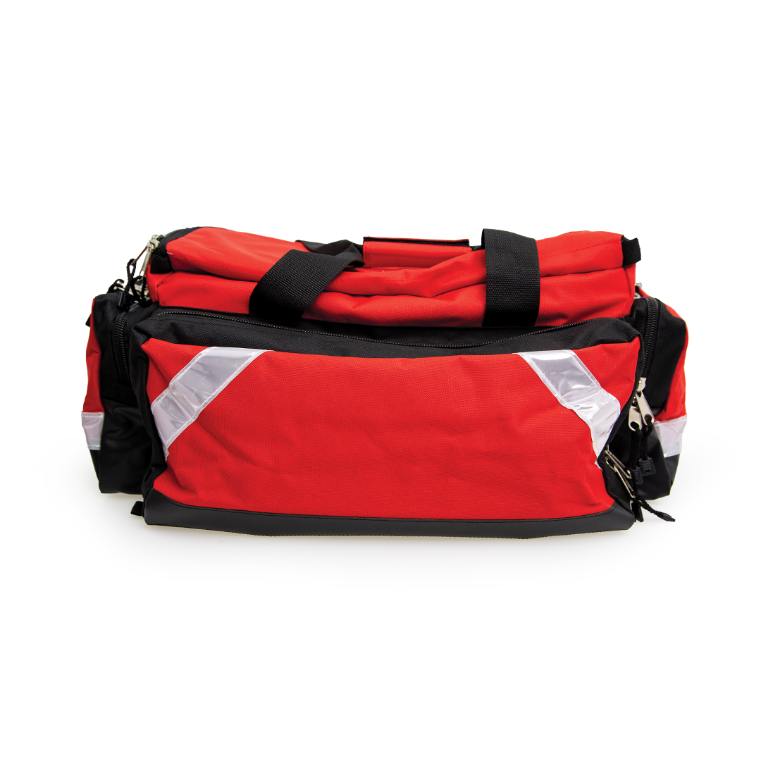 Red and black bag with reflective stripes on a white background