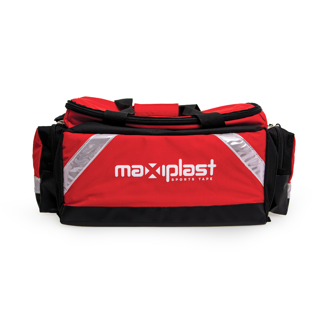 Red sports bag with black accents and 'maxiplast' branding on a white background