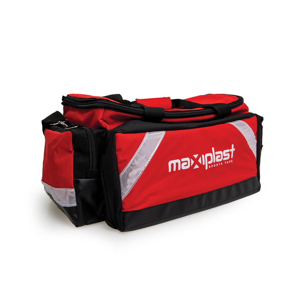 Red and black sports first aid bag with 'maxiplast' branding on a white background