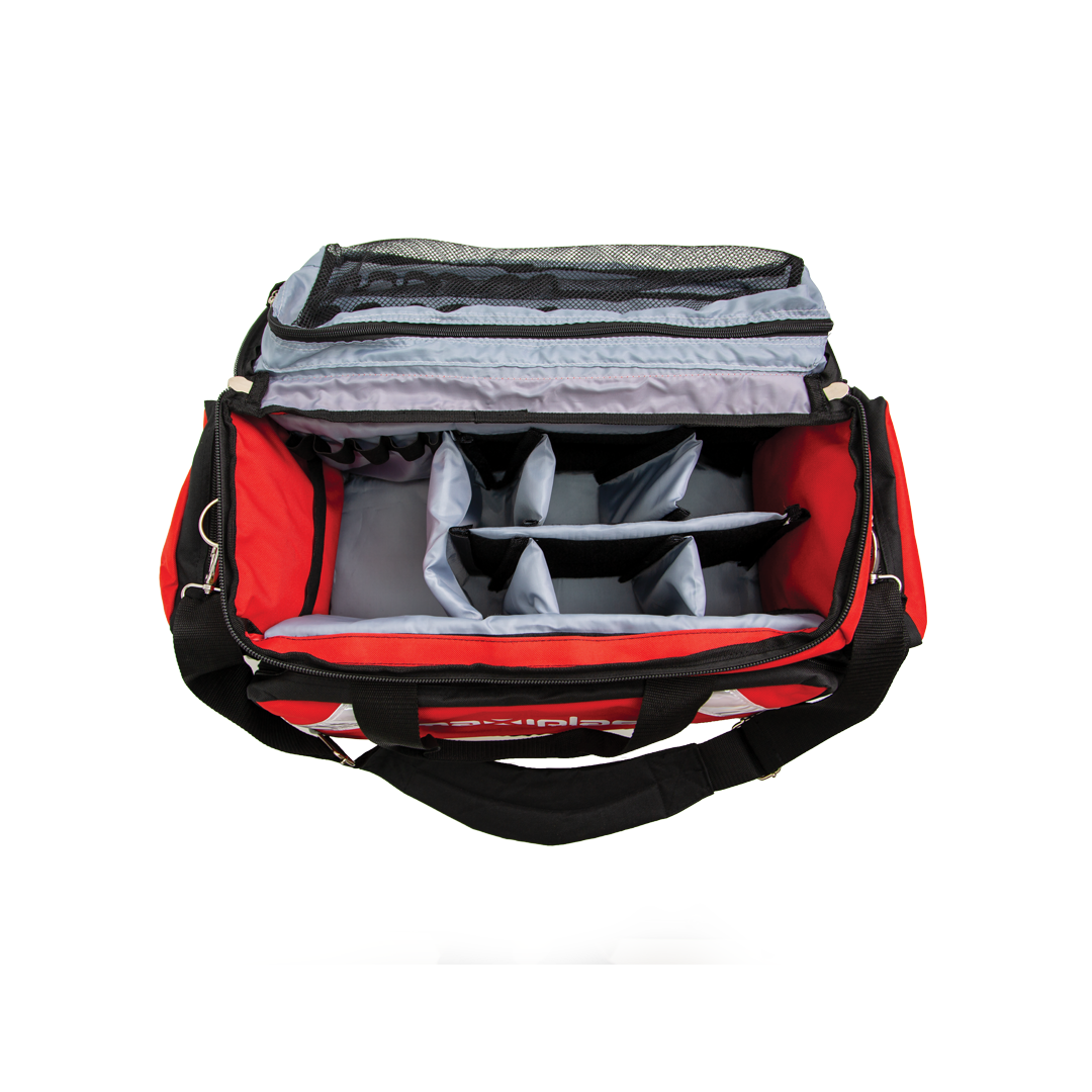 Red and black first aid bag with compartments on a white background