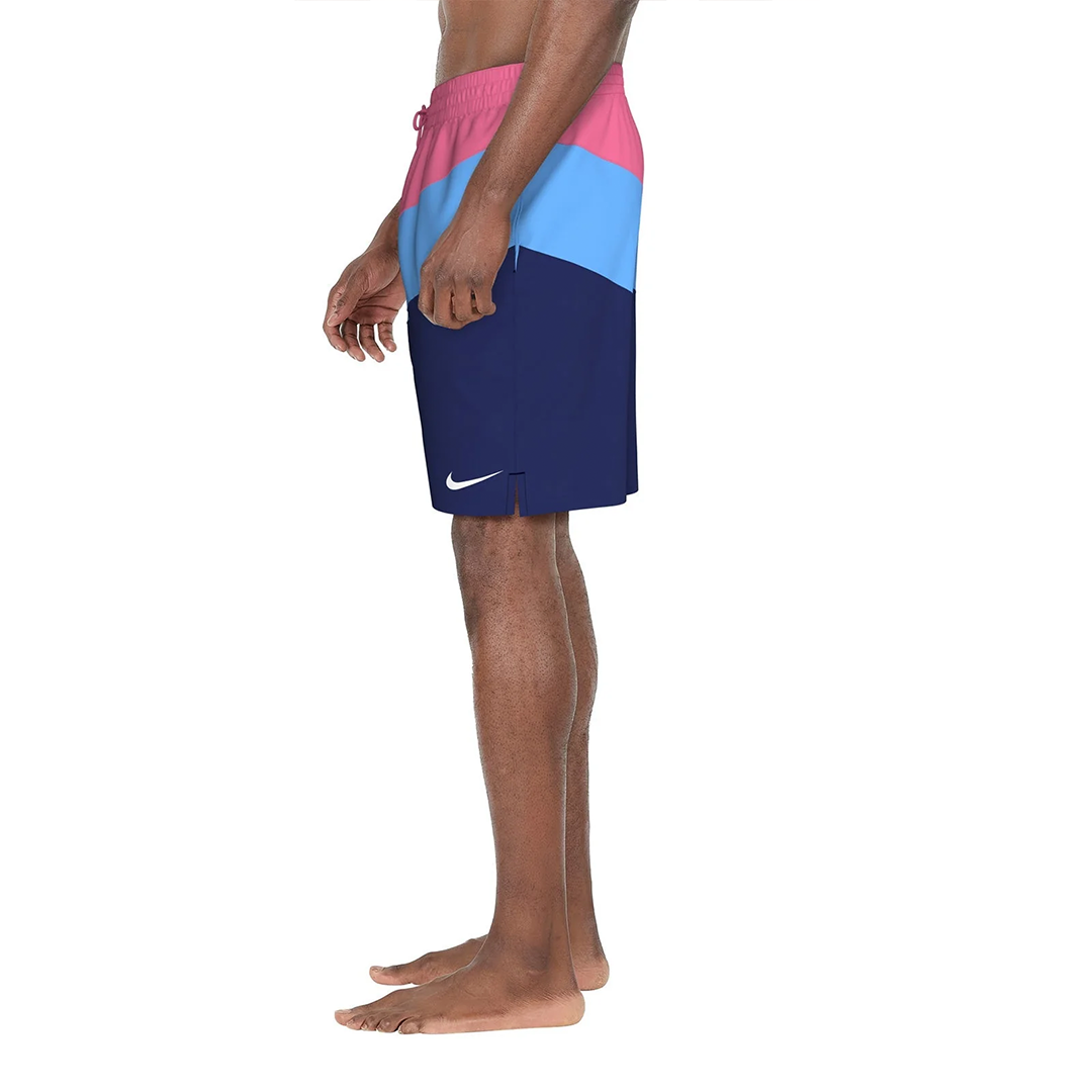 Color-blocked swim shorts with Nike logo on a white background