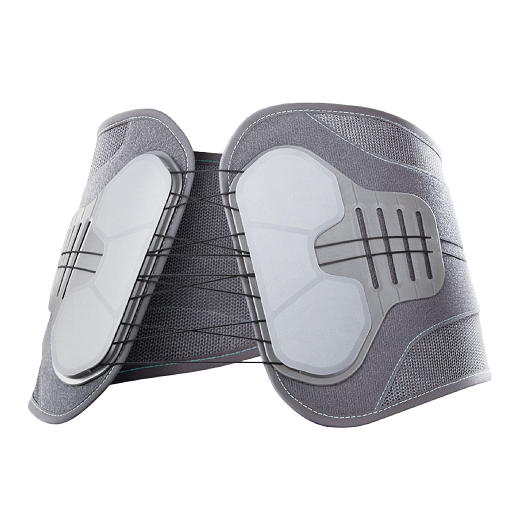 Gray protective knee pads with mesh design on a white background