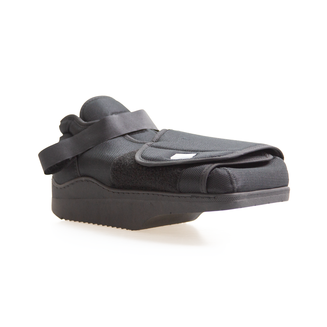 Black sandal with a strap on a white background