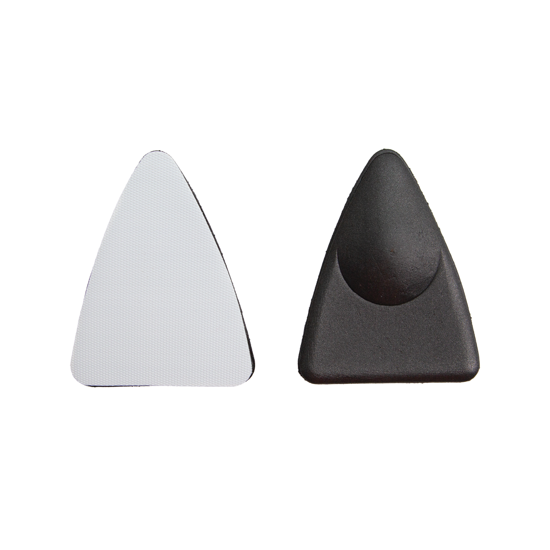 Two triangular objects, one white and one black, on a white background