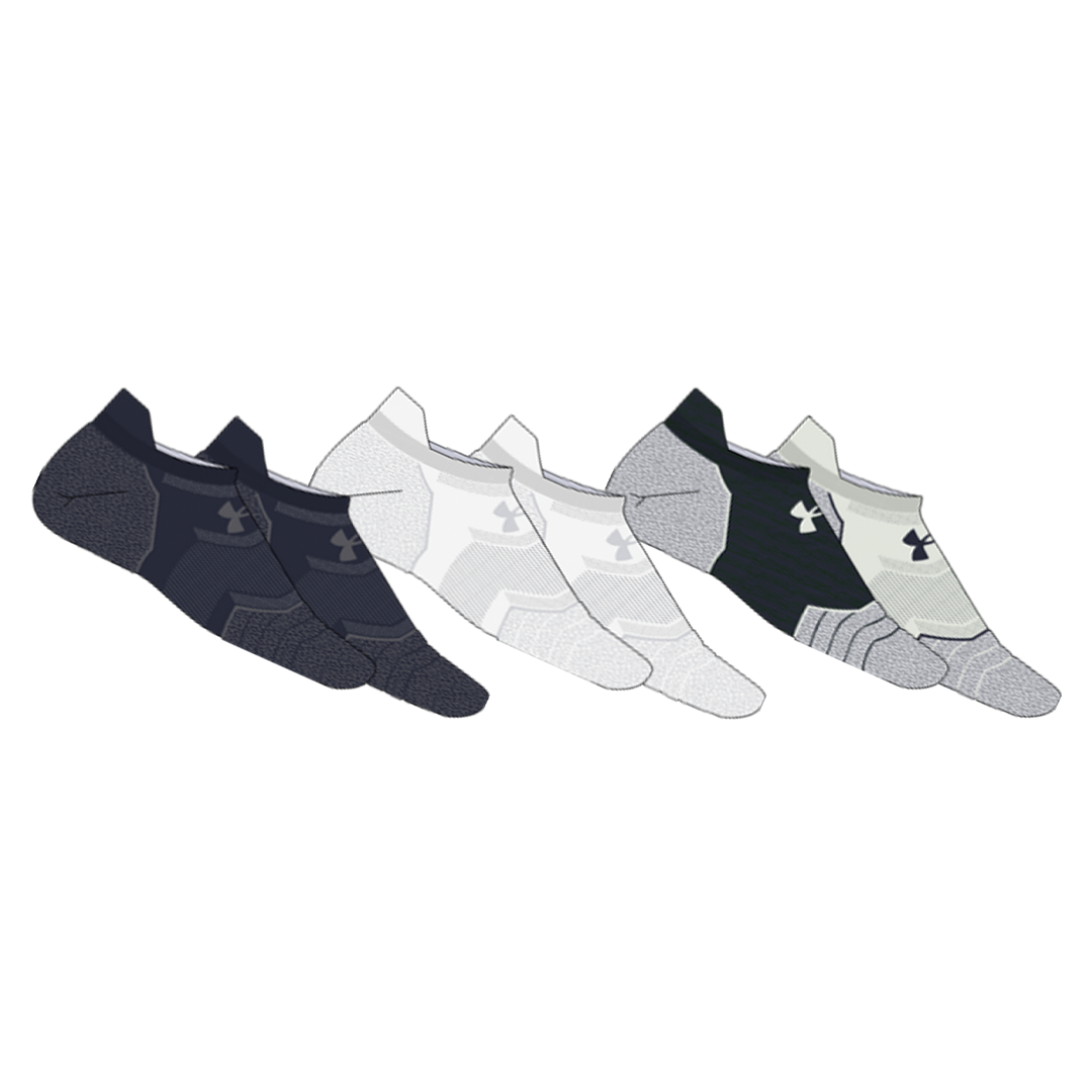 Set of six pairs of Under Armour socks in black, gray, and white on a white background.