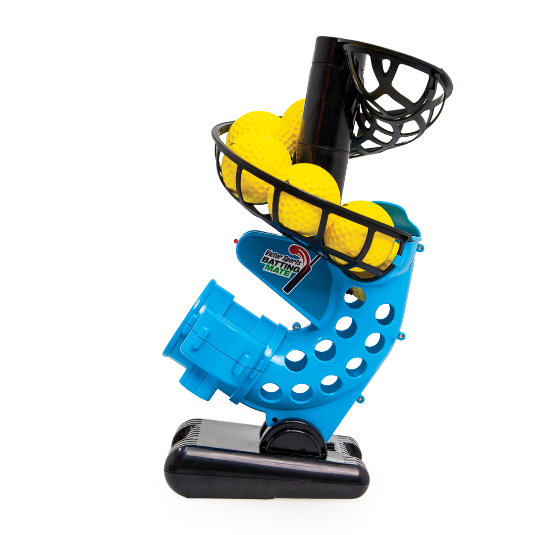 Blue and black pitching machine (angle 2) with yellow balls on a white background