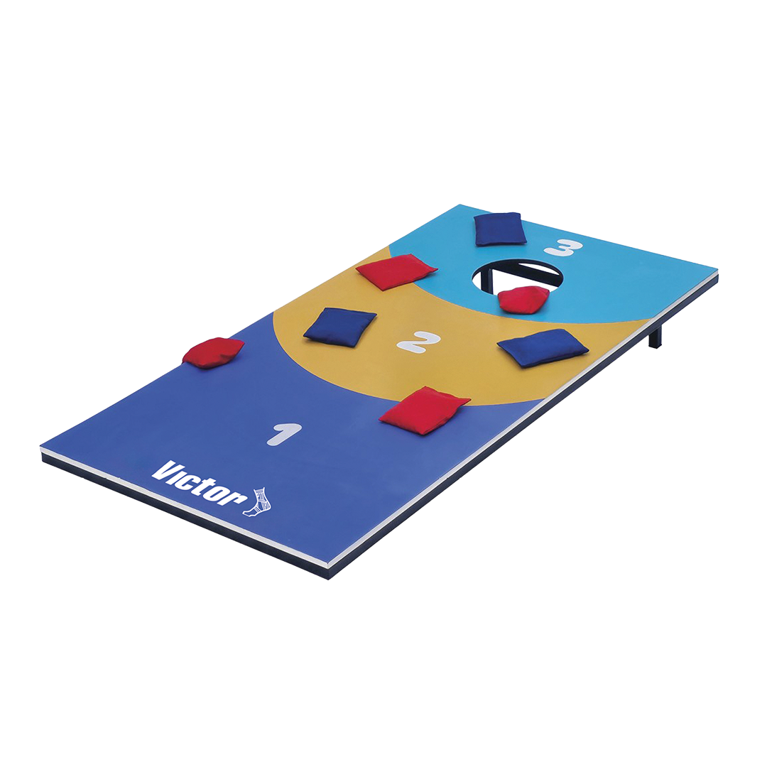 Cornhole board with red and blue bags on a white background
