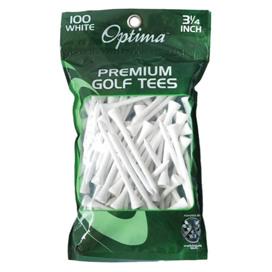 Bag of Optima premium golf tees with green and white design on a white background