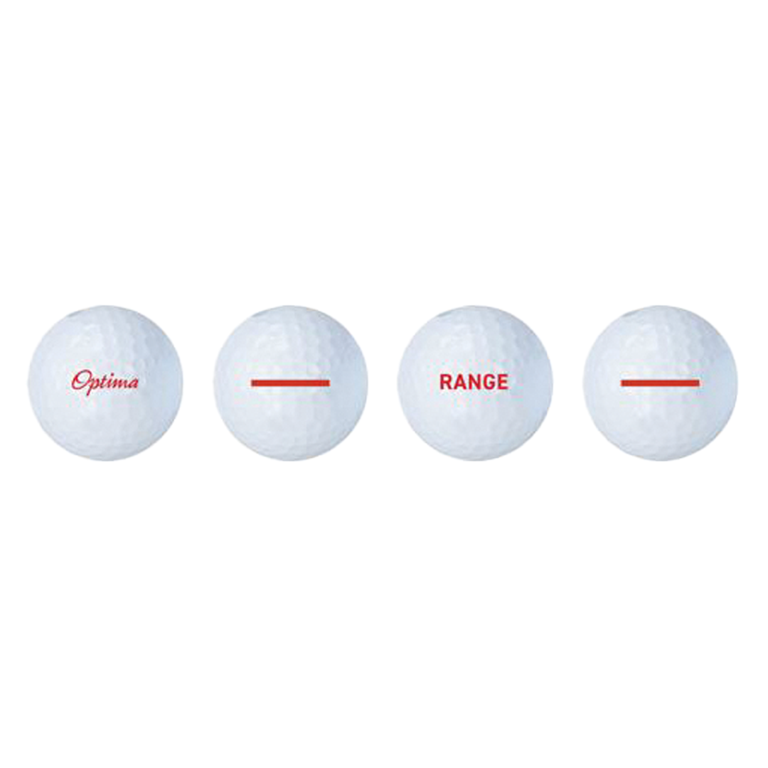 Four white golf balls with 'Optima' and 'Range' text on a white background