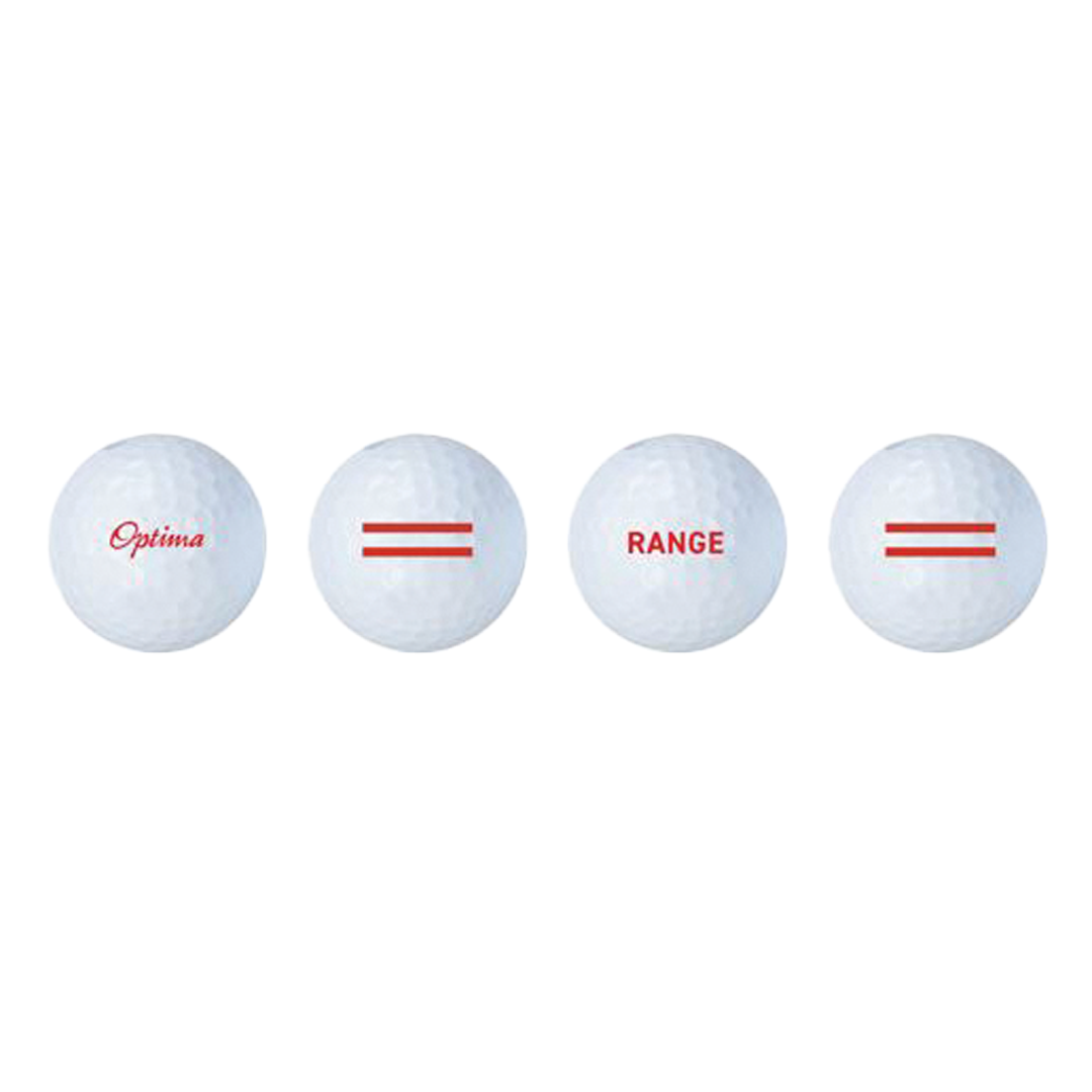 Four white golf balls with 'Optima' and 'Range' text on a white background