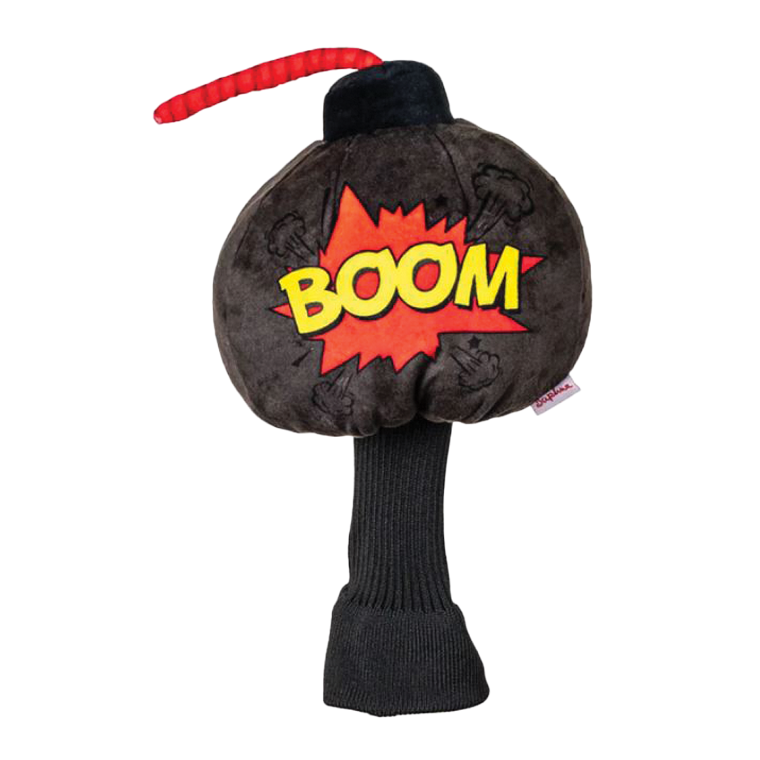 Golf club head cover shaped like a bomb with 'BOOM' text on a white background