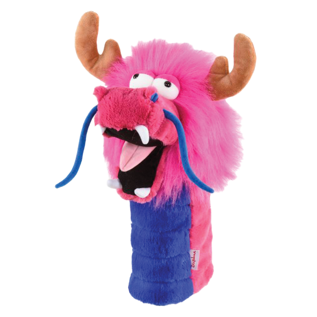 Pink and blue plush animal head cover on a white background