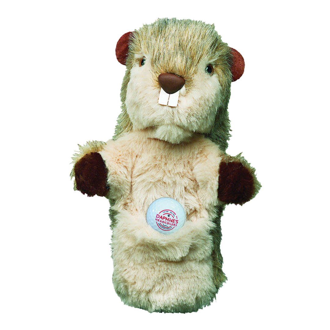 Plush beaver toy with a visible brand label on a white background