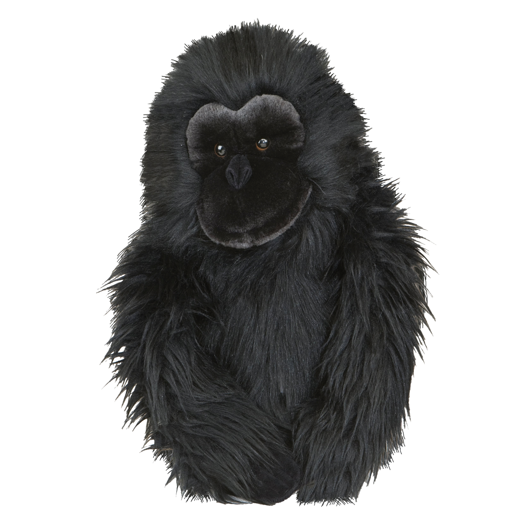 Black plush monkey toy on a white background