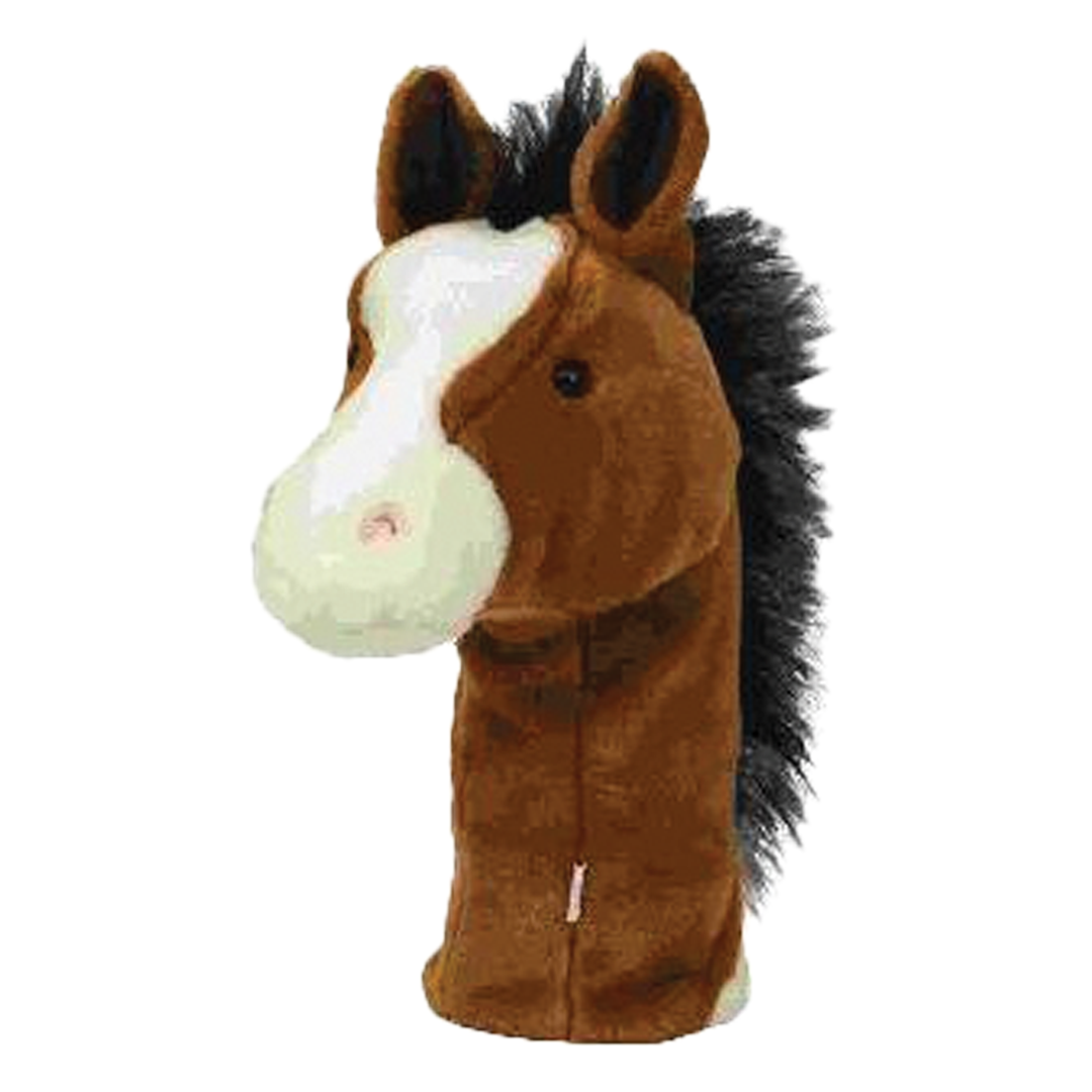 Plush horse head cover on a white background